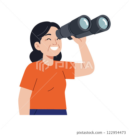 Woman using binoculars to observe nature in a flat and colorful design style vector illustration 122954473