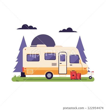 Camper van parked in nature surrounded by trees in a flat and colorful vector illustration Camper van parked in nature surrounded by trees in a flat and colorful vector illustration 122954474