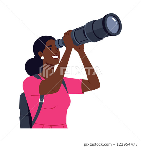 Woman observing through a telescope in a vibrant pink outfit with minimal details in flat vector art 122954475