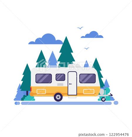 Vintage camper surrounded by tall trees in a minimal flat design vector art Vintage camper surrounded by tall trees in a minimal flat design vector art 122954476
