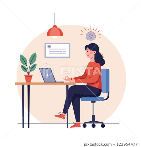 Woman working at a desk with a laptop in a minimal flat design vector illustration Woman working at a desk with a laptop in a minimal flat design vector illustration 122954477