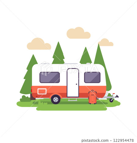 Vintage camper trailer in a forest setting with flat design style vector art Vintage camper trailer in a forest setting with flat design style vector art 122954478