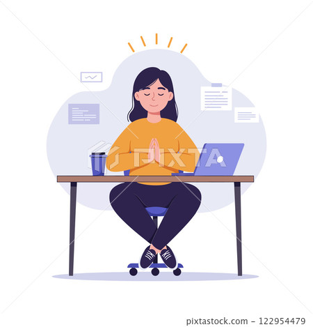 Woman practicing mindfulness in a cozy workspace with a laptop and coffee cup in flat vector illustration Woman practicing mindfulness in a cozy workspace with a laptop and coffee cup in flat vector illustration 122954479