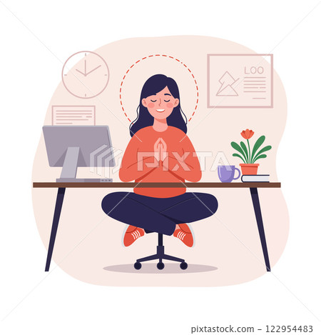 Meditating woman in a minimal workspace with plant and clock in flat vector art Meditating woman in a minimal workspace with plant and clock in flat vector art 122954483