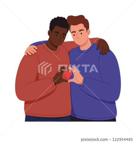 Two men sharing a heartfelt moment with a heart symbol in a minimal flat design vector illustration Two men sharing a heartfelt moment with a heart symbol in a minimal flat design vector illustration 122954485