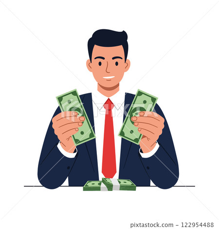 Professional man holding cash in hands with suit and tie, flat vector illustration Professional man holding cash in hands with suit and tie, flat vector illustration 122954488