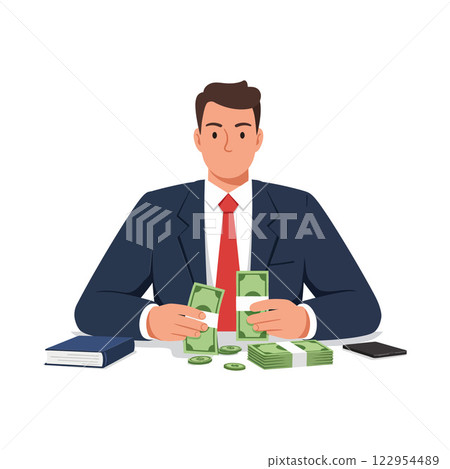Businessman counting money with cash scattered on table in minimal vector illustration 122954489