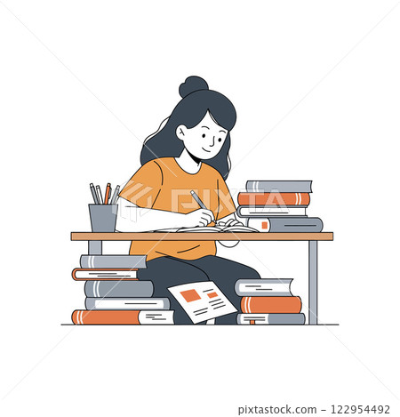 Student engaged in study and writing with books around her in minimal flat vector illustration Student engaged in study and writing with books around her in minimal flat vector illustration 122954492