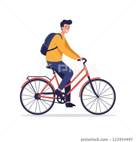 Young man riding a bicycle in a flat style with vibrant colors and playful shapes in vector art 122954497