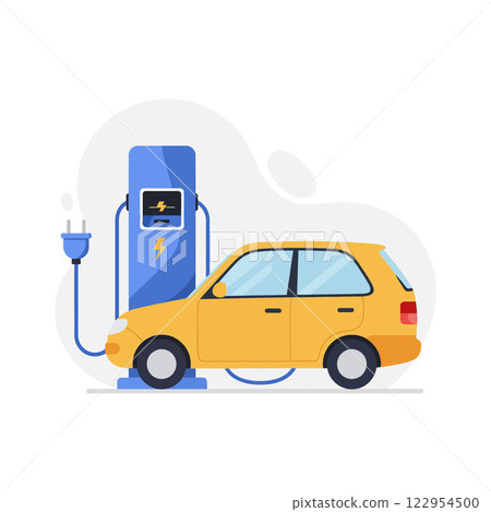 Electric vehicle charging station with a yellow car in a flat design vector illustration 122954500