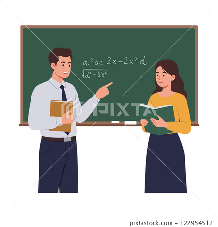 Engaging classroom scene with teacher and student discussing math concepts in a flat vector illustration Engaging classroom scene with teacher and student discussing math concepts in a flat vector illustration 122954512
