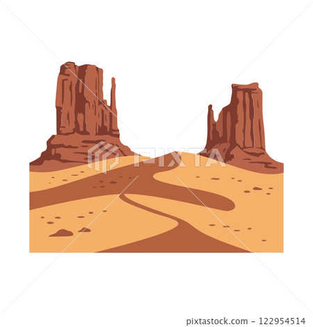 Desert landscape featuring iconic rock formations in flat design style showcasing warm colors and natural elements in vector art 122954514