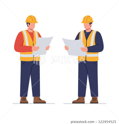 Construction workers reviewing blueprints with different outfits in flat style vector illustration Construction workers reviewing blueprints with different outfits in flat style vector illustration 122954525