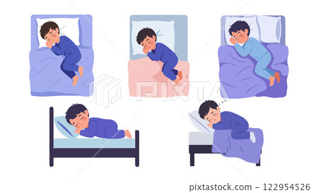 Child sleeping in various positions with flat design style showcasing movement in vector illustration Child sleeping in various positions with flat design style showcasing movement in vector illustration 122954526