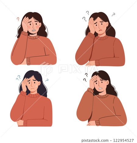 Woman showing emotional transition from confusion to concern in flat vector illustration with four frames of expression Woman showing emotional transition from confusion to concern in flat vector illustration with four frames of expression 122954527