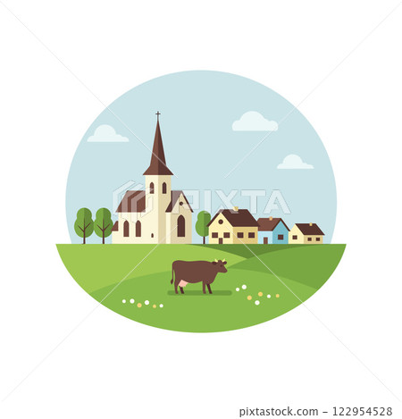 Pastoral scene featuring a church, cow, and houses in a minimal flat design vector illustration Pastoral scene featuring a church, cow, and houses in a minimal flat design vector illustration 122954528