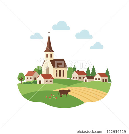 Charming rural village scene with church, fields, and cows in flat vector art style Charming rural village scene with church, fields, and cows in flat vector art style 122954529