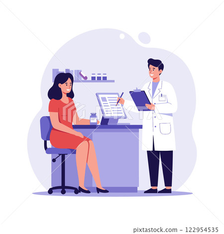 Doctor consulting with patient in modern office setting flat vector illustration for healthcare design 122954535