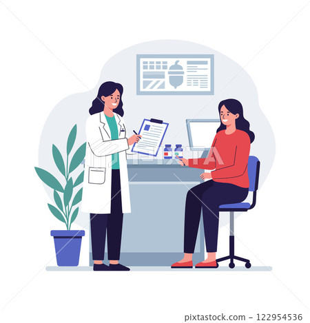 Detailed vector illustration of a doctor consulting with a patient in a modern clinic setting with vibrant colors and flat design vector art 122954536