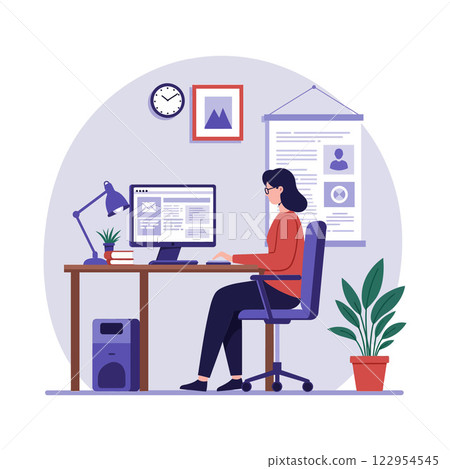 Woman working at a desk with computer and plants in a flat vector illustration 122954545