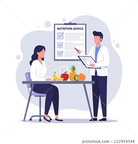 Nutrition advice consultation scene with fruits, minimal design style, health-focused vector illustration 122954548