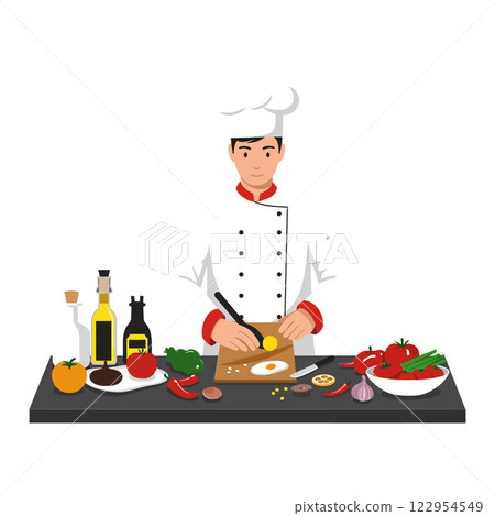Chef preparing a gourmet dish with fresh ingredients in a minimal flat style vector art 122954549