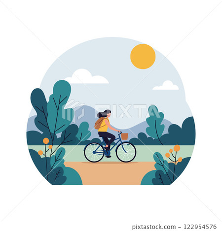 Woman riding bicycle in a serene landscape with flat design elements and bright colors, vector illustration Woman riding bicycle in a serene landscape with flat design elements and bright colors, vector illustration 122954576