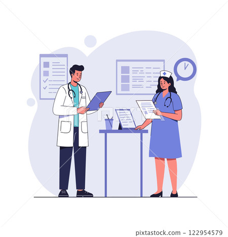 Healthcare professionals discussing patient records in a modern office setting with flat design vector art Healthcare professionals discussing patient records in a modern office setting with flat design vector art 122954579
