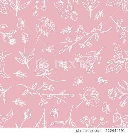 Botanical seamless pattern lin art on pink background.Vector illustration. Botanical seamless pattern lin art on pink background.Vector illustration. 122954591