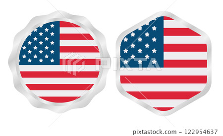 USA flag badge vector in different shapes, perfect for emblems, banners, icons, and holiday designs. 122954637