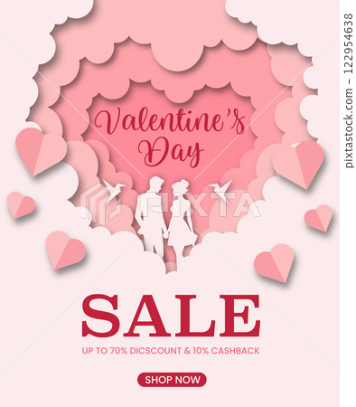 Valentine's day sale banner with paper cut heart and couple silhouette. 122954638