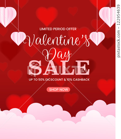 Valentine's day sale banner with paper cut love and clouds isolated on red background 122954639
