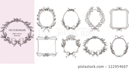 Elegant and girly frame design with flowers and ribbons, line drawing, black 122954687