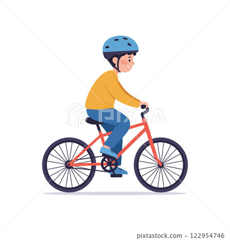 Boy riding a bicycle in flat design style featuring vibrant colors and playful elements, vector illustration Boy riding a bicycle in flat design style featuring vibrant colors and playful elements, vector illustration 122954746