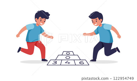 Two children playing hopscotch in a flat and colorful design style vector illustration Two children playing hopscotch in a flat and colorful design style vector illustration 122954749
