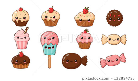 Cute dessert characters with playful expressions in flat design style vector art Cute dessert characters with playful expressions in flat design style vector art 122954753