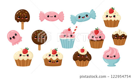 Cute dessert characters featuring cupcakes, candies, and ice cream in a playful flat vector illustration Cute dessert characters featuring cupcakes, candies, and ice cream in a playful flat vector illustration 122954754