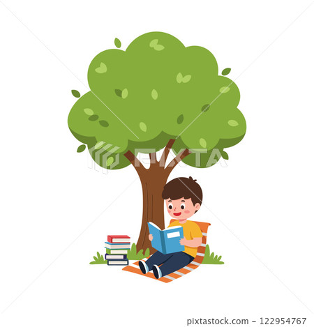 Child reading a book under a tree in a flat and colorful style vector illustration 122954767