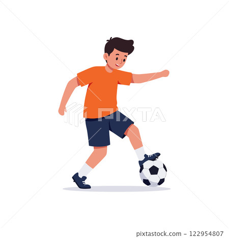 Young boy playing soccer in vibrant orange shirt, minimal design, engaging in fun activity, vector illustration 122954807