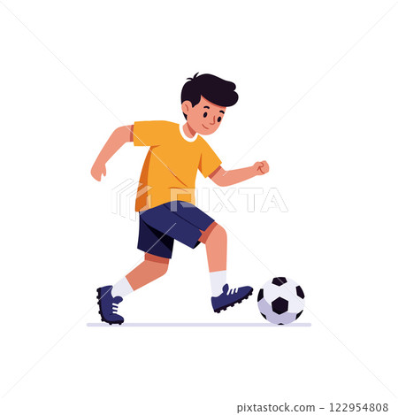 Young boy dribbling soccer ball in dynamic pose, flat style vector art Young boy dribbling soccer ball in dynamic pose, flat style vector art 122954808
