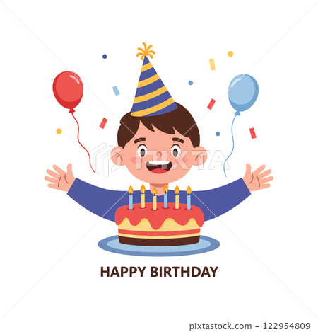 Happy birthday celebration featuring a joyful child with cake, balloons, and party hat in flat vector art Happy birthday celebration featuring a joyful child with cake, balloons, and party hat in flat vector art 122954809