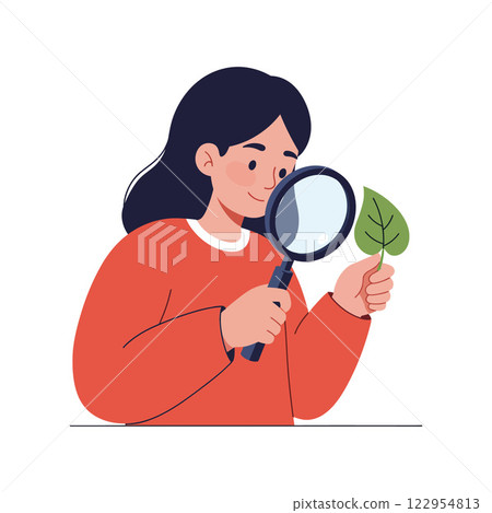 Person examining a green leaf with a magnifying glass in flat vector art style Person examining a green leaf with a magnifying glass in flat vector art style 122954813