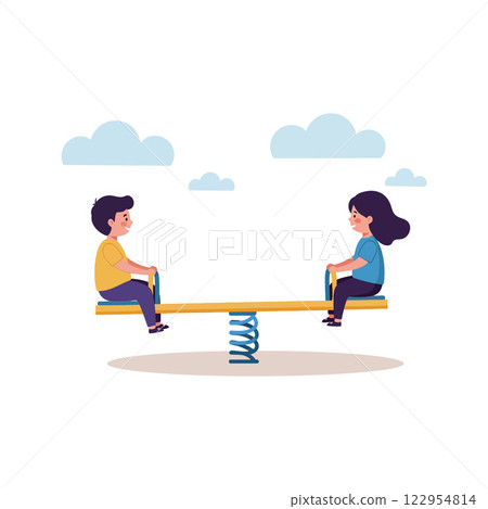 Children playing on a colorful seesaw in a flat and cheerful vector illustration Children playing on a colorful seesaw in a flat and cheerful vector illustration 122954814