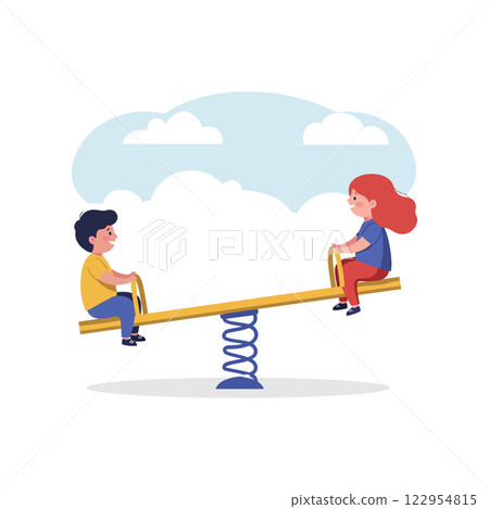 Two children playing on a colorful seesaw in a flat vector art style with clouds and cheerful expressions vector illustration 122954815