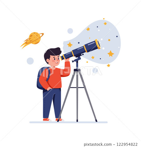 Boy observing stars through telescope in colorful flat vector illustration with planets and celestial elements in space 122954822