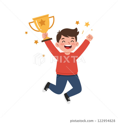 Happy child celebrating victory with trophy in hand, flat design vector illustration 122954828