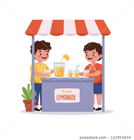 Two boys selling fresh lemonade at a colorful stall in flat vector art style Two boys selling fresh lemonade at a colorful stall in flat vector art style 122954834