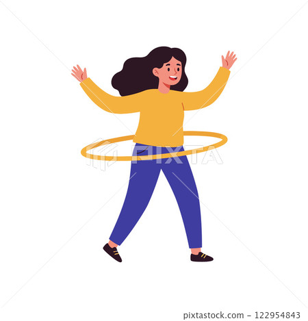 Girl happily hula hooping in a vibrant yellow top and blue pants in flat vector art Girl happily hula hooping in a vibrant yellow top and blue pants in flat vector art 122954843