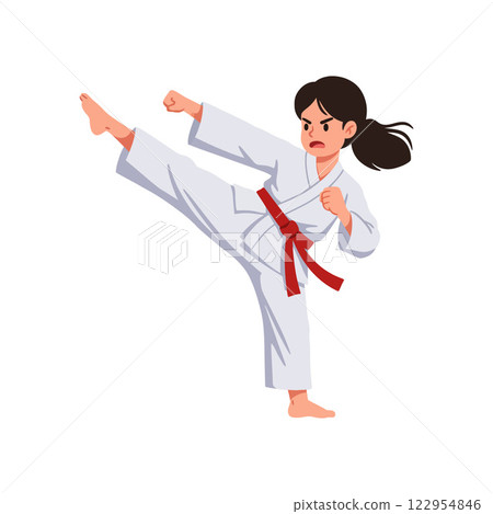Dynamic female martial artist performing a high kick in a flat vector illustration style vector art Dynamic female martial artist performing a high kick in a flat vector illustration style vector art 122954846