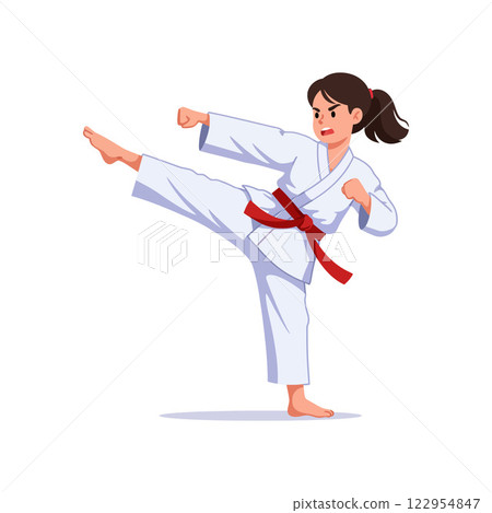 Dynamic karate girl performing a high kick in a flat, colorful style vector illustration 122954847
